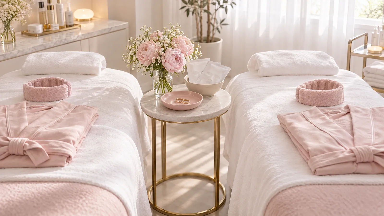 Two facial beds side by side with robes, sheet masks and a dish of wedding bands for a couples facial.