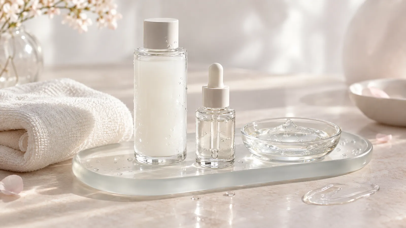 Unmarked toner, serum, and hydrating gel on a frosted-glass tray beside an ivory facial towel.