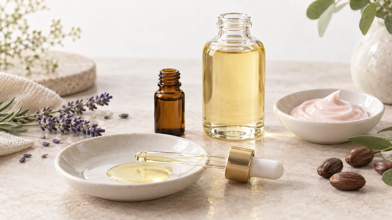 A small amber vial and larger carrier-oil bottle sit beside oil, facial cream, jojoba seeds, and lavender on a pale surface.